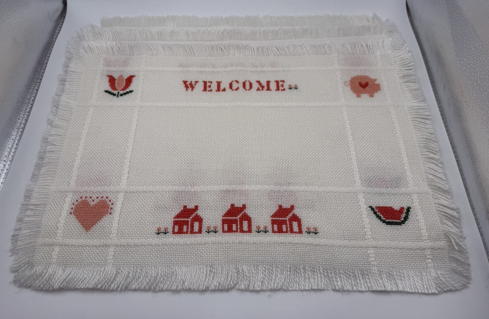 Cottage Farmhouse Cross Stitch Placemats Set of 3 White w/Pink Accents 17x12